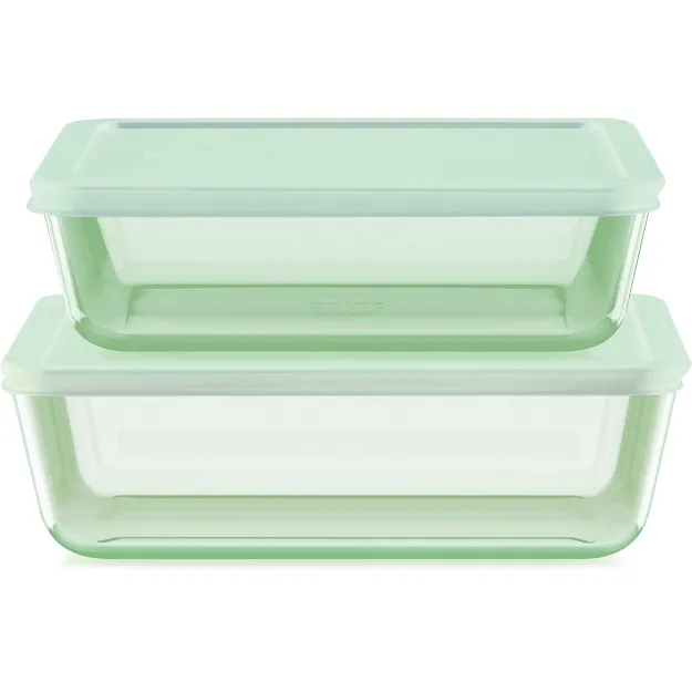 Pyrex® Simply Store® Tinted 4-piece Rectangle Storage Set with Green Plastic Lids