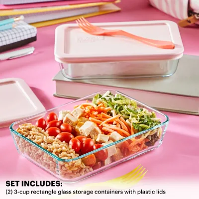 Pyrex® Simply Store® 4-piece 3-cup Rectangle Glass Storage Set with Pink Lids