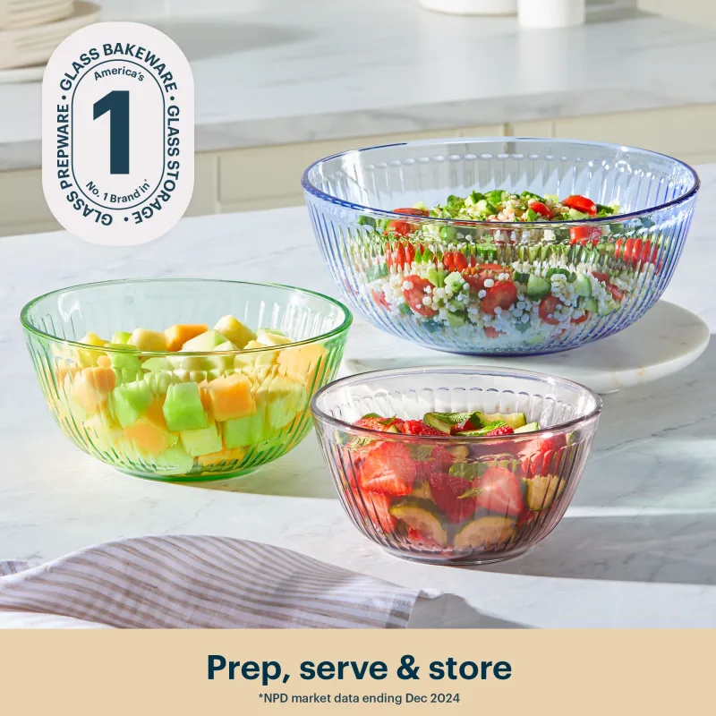 Pyrex® Colors Sculpted Tinted 3-piece Mixing Bowl Set, No Lid (Pink,Green,Blue)