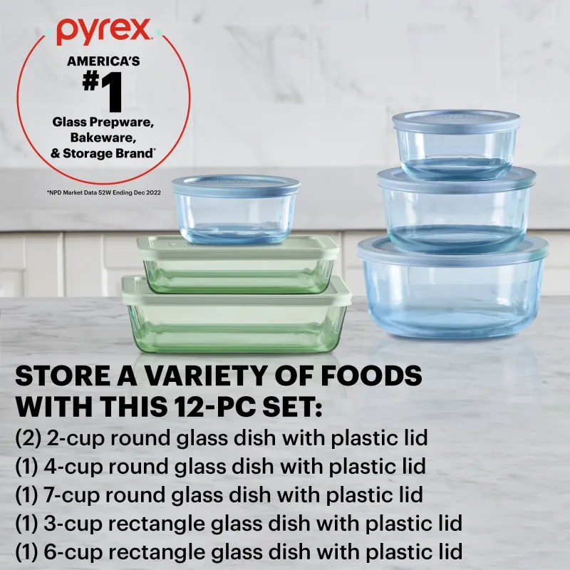 Pyrex® Simply Store® Tinted 12-piece Storage Set with Plastic Lids, Green and Blue