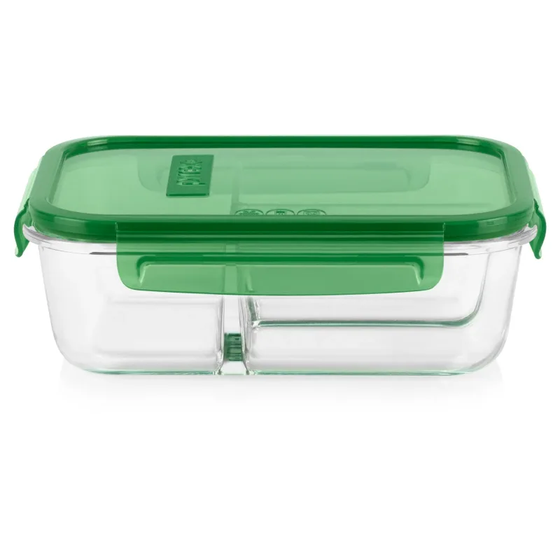 Pyrex® MealBox™ 5.5-cup Divided Glass Food Storage Container with Green Lid